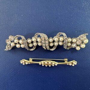 2 Brooches (Richelieu Rhinestone & Faux Pearl Swirl + Seed Pearl Marquise)